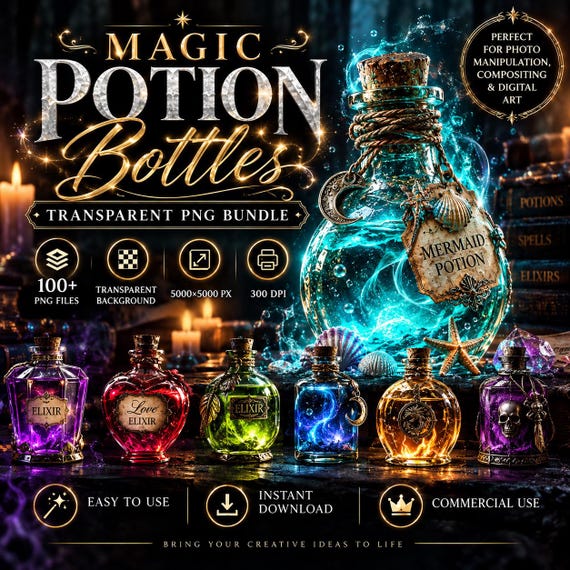 Vintage Potion Bottles PNG, Magic Potion Bottle Clipart, Transparent PNG Overlays, Fantasy Digital overlays, Halloween, Gothic Art