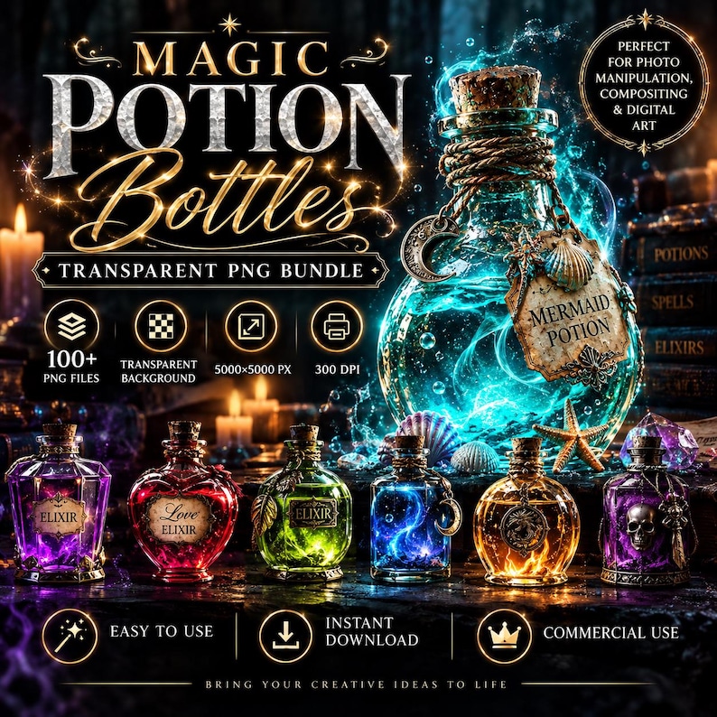 May include: A digital bundle of magic potion bottles featuring a large central bottle labeled Mermaid Potion with a seashell and crescent moon charm, surrounded by smaller colorful glass bottles containing glowing liquids and various labels.