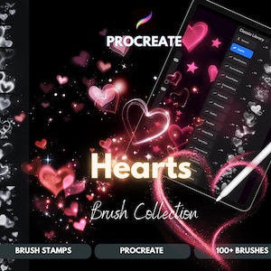 May include: A digital art brush collection for Procreate, featuring heart-shaped designs. The image showcases a tablet with the app interface, a stylus, and various heart-themed brushes. The words "Hearts Brush Collection" are displayed.