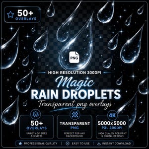 Superposiciones PNG de gotas de lluvia mágicas, imágenes prediseñadas transparentes para edición de fotos (descarga digital)