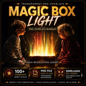 Superposiciones de luz mágica dorada: Paquete de superposiciones PNG de luces de cajas navideñas / Efecto de luz mágica para las fiestas / Superposición de fotos para Photoshop / Descarga digital