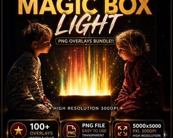 Gold Magic Light Overlays:Christmas Box Light PNG Overlay Bundle | Magical Holiday Light Effect | Photoshop Photo Overlay | Digital Download