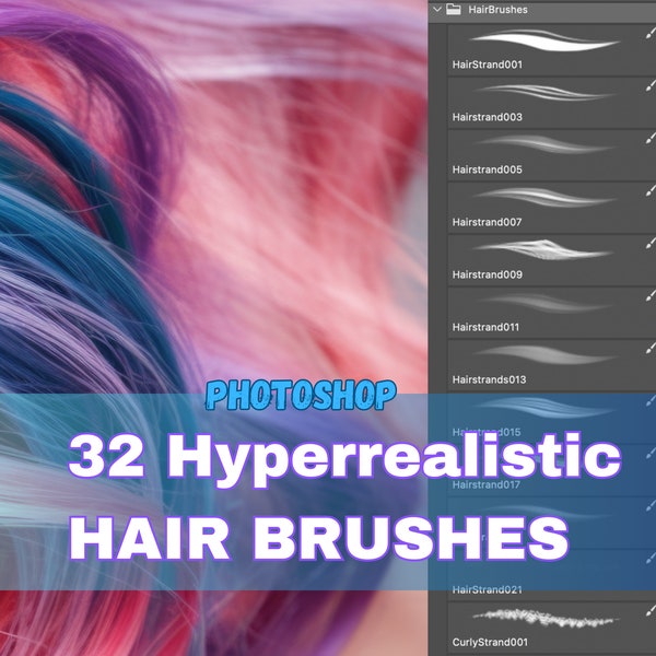 Photoshop Hair brushes. Instant digital download, Realistic Hair texture, Digital Art, Painted hair, Strands of Hairs, Curls Brushes