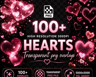 Glowing Kawaii Heart Overlays: Twinkle Heary Bokeh Photography Effects (PNG Clipart Digital Download 5000x5000pxl)