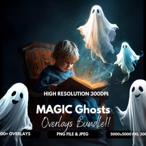 Puede incluir: Un gráfico digital que muestra a un niño leyendo un libro abierto que emite un brillo cálido, rodeado por cuatro figuras fantasmales blancas y translúcidas. El texto incluye HIGH RESOLUTION 300DPI, MAGIC Ghosts Overlays Bundle!!, 100+ OVERLAYS y PNG FILE & JPEG.