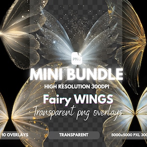 Puede incluir: Imagen digital de alas de hadas doradas y blancas sobre fondo transparente. Las alas tienen un efecto brillante. El texto dice "MINI BUNDLE Fairy WINGS Transparent png overlays". Alta resolución.