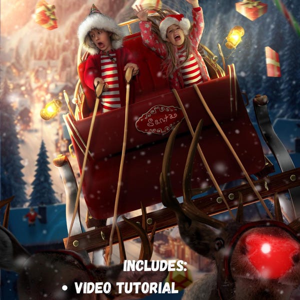 Fondo digital navideño con el trineo de Papá Noel: Pinceles de Photoshop (Descarga digital)