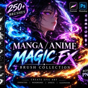 Puede incluir: Un paquete de recursos de arte digital titulado MANGA / ANIME MAGIC FX BRUSH COLLECTION que incluye más de 250 pinceles para Procreate, Photoshop y GIMP. El gráfico muestra un personaje rodeado de efectos de energía mágica azules y naranjas.