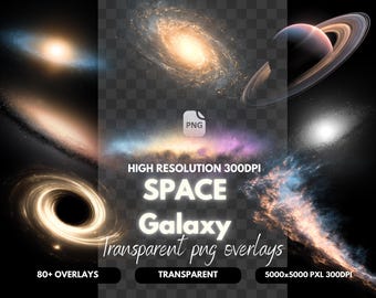 Paquete de más de 80 imágenes PNG de galaxias espaciales / Paquete de imágenes prediseñadas cósmicas / Gráficos de galaxias, planetas, estrellas y nebulosas / Descarga digital / PNG transparente