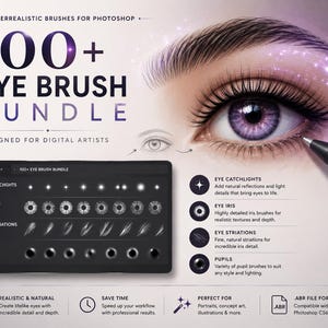 May include: A digital 100+ eye brush bundle for Photoshop featuring a detailed illustration of a purple iris eye with light effects. The graphic displays brush categories including eye catchlights, iris, striations, and pupils with text.
