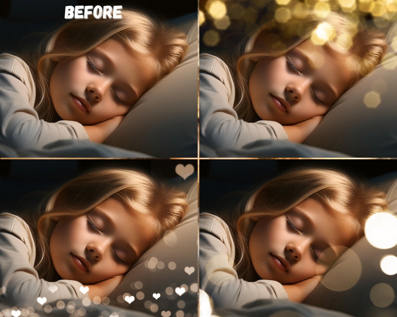 May include: A young girl sleeping peacefully in bed with a soft, white pillow. The image is enhanced with a soft, golden glow and sparkling lights, creating a dreamy and magical atmosphere.