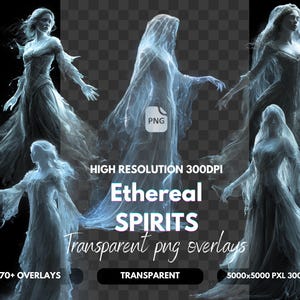 May include: A digital image featuring multiple ethereal spirit figures in flowing gowns. The figures are rendered in shades of blue and white, with transparent overlays. Text on the image reads "Ethereal SPIRITS" and "Transparent png overlays".