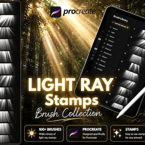 Procreate ライトレイブラシバンドル 120種類以上のブラシ | サンビームスタンプ、ゴッドレイ、照明効果、グロー＆ライトストリークブラシ（デジタルアート用）