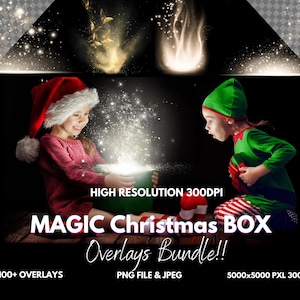 May include: A digital bundle of Magic Christmas Box overlays featuring over 100 high-resolution 300 DPI PNG and JPEG files. The promotional graphic displays a child in a red Santa hat and a child in a green elf costume looking at a glowing box.