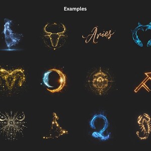 May include: A collection of twelve zodiac sign illustrations on a black background. Each sign is depicted with glowing lines and dots, showcasing various colors like gold, blue, and orange. The word "Examples" is at the top.