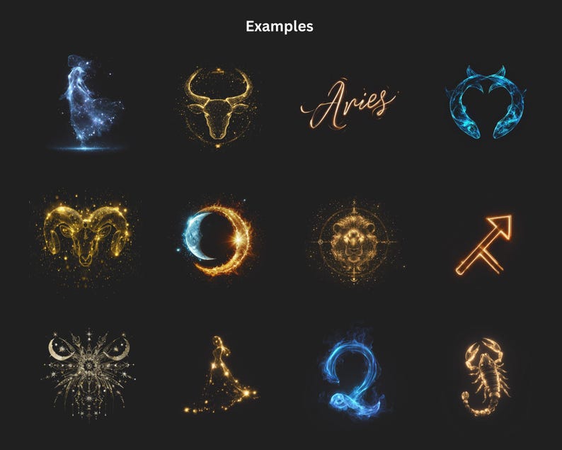 May include: A collection of twelve zodiac sign illustrations on a black background. Each sign is depicted with glowing lines and dots, showcasing various colors like gold, blue, and orange. The word "Examples" is at the top.