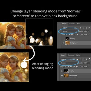 May include: Two young girls in white and yellow dresses stand in a field with a bokeh effect. The image shows how to change the blending mode in Photoshop from 'normal' to 'screen' to remove a black background.