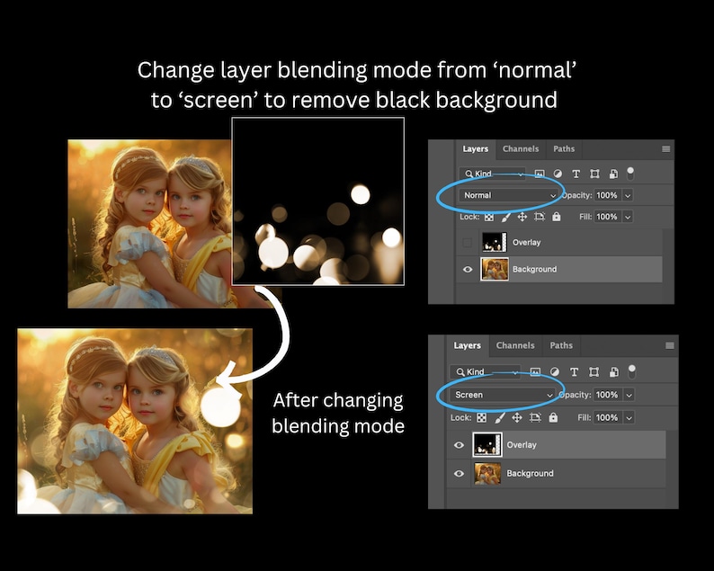 May include: Two young girls in white and yellow dresses stand in a field with a bokeh effect. The image shows how to change the blending mode in Photoshop from 'normal' to 'screen' to remove a black background.