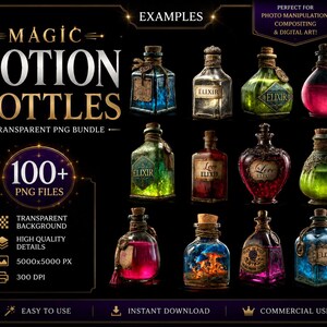 May include: A digital bundle of over 100 magic potion bottles in various shapes and sizes, featuring colorful liquids in blue, green, red, and pink. Each glass bottle is corked and includes labels with text like Elixir and Love, set against a black background.