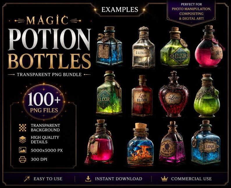 May include: A digital bundle of over 100 magic potion bottles in various shapes and sizes, featuring colorful liquids in blue, green, red, and pink. Each glass bottle is corked and includes labels with text like Elixir and Love, set against a black background.
