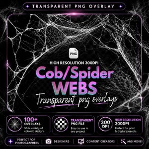Pacote com 130 sobreposições de teia de aranha em PNG, sobreposição de fotos de Halloween, PNG transparente, download digital gótico.