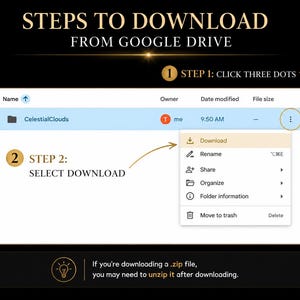 May include: An instructional graphic titled STEPS TO DOWNLOAD FROM GOOGLE DRIVE. Step 1 shows clicking three dots next to the CelestialClouds folder. Step 2 shows selecting Download from the menu. A note at the bottom mentions unzipping .zip files.