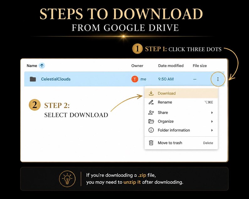May include: An instructional graphic titled STEPS TO DOWNLOAD FROM GOOGLE DRIVE. Step 1 shows clicking three dots next to the CelestialClouds folder. Step 2 shows selecting Download from the menu. A note at the bottom mentions unzipping .zip files.