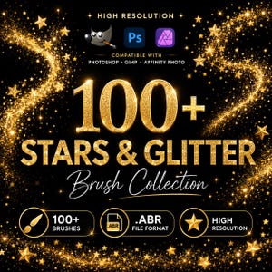 May include: A digital brush collection featuring over 100 gold glitter stars and sparkles on a black background. Text includes 100+ STARS & GLITTER Brush Collection, High Resolution, Compatible with Photoshop, GIMP, Affinity Photo, and .ABR file format.