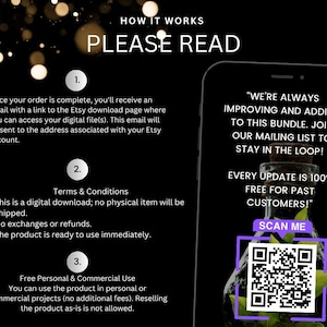 May include: Black graphic with text "HOW IT WORKS PLEASE READ" and instructions for digital downloads. Includes a QR code to scan and join a mailing list for updates. Terms and conditions are also listed.