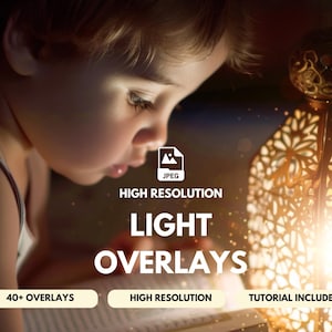 May include: A child looks at a book with a glowing lantern in the background. The text on the book reads "LIGHT OVERLAYS". The image is labeled "HIGH RESOLUTION" and "40+ OVERLAYS".