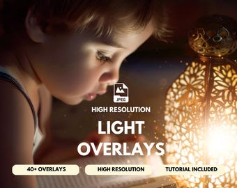 May include: A child looks at a book with a glowing lantern in the background. The text on the book reads "LIGHT OVERLAYS". The image is labeled "HIGH RESOLUTION" and "40+ OVERLAYS".