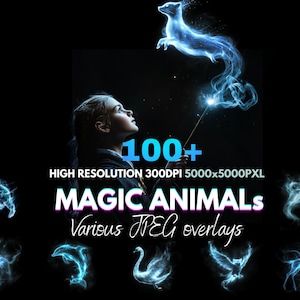Puede incluir: Imagen de arte digital que presenta a una persona joven mirando hacia arriba a un zorro etéreo y brillante. La imagen incluye el texto "100+ MAGIC ANIMALS Various JPEG overlays" en blanco y rosa. También se ven otras superposiciones de animales brillantes.