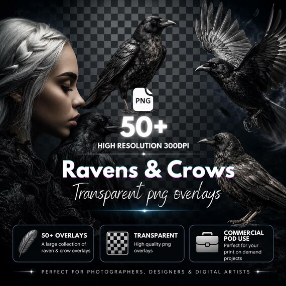 Gothic Crow & Raven Clipart Overlays: Witchcore PNG Files (Digital Download