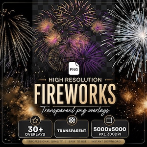 Superposiciones de fuegos artificiales realistas, superposición de fuegos artificiales PNG transparente, fuegos artificiales, superposiciones de fotos, PNG transparente, descarga instantánea para uso comercial
