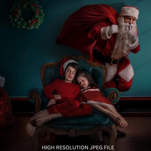 May include: Santa Claus, dressed in a red suit, tiptoes past a child sleeping in a green armchair. The child is wearing a red sweater and has a red bag on their back. The room is decorated with a green wreath on the wall.
