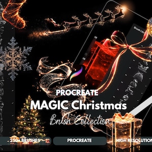 May include: Digital art brushes for Procreate, a Magic Christmas Brush Collection. The image features a glowing Christmas tree, gift box, ornaments, and Santa's sleigh. Includes over 250 brushes with high resolution.