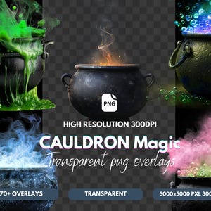 May include: A collection of cauldron images with colorful, bubbling potions and smoke effects. The image includes text that reads "CAULDRON Magic Transparent png overlays" and "70+ OVERLAYS". The images are high resolution and transparent.