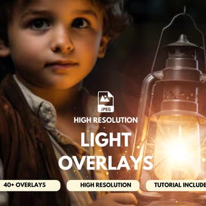 May include: A young person holds a vintage lantern with a warm glow emanating from the inside. The lantern is made of metal and has a glass jar with a metal lid. The image is labeled "Light Overlays" with the text "40+ Overlays", "High Resolution", and "Tutorial Included".