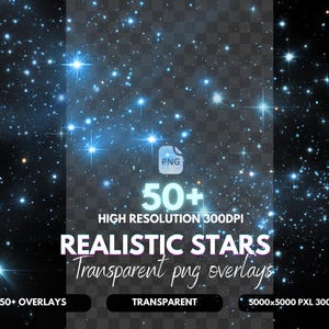 Może przedstawiać: Grafika cyfrowa przedstawiająca gwiaździste niebo z jasnoniebieskimi gwiazdami. Obraz zawiera tekst "50+ HIGH RESOLUTION 300DPI REALISTIC STARS Transparent png overlays". Obraz zawiera również tekst "50+ OVERLAYS", "TRANSPARENT" i "5000x5000 PXL 300DPI".