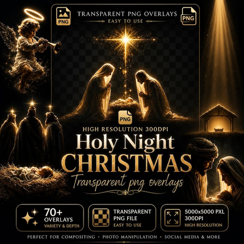 Nativity PNG Overlays: Christian Christmas Graphics (Digital Download 5000x5000 px) image 1