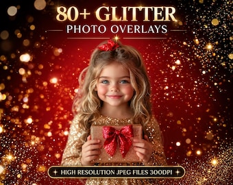 May include: A digital collection of 80+ glitter photo overlays featuring high resolution JPEG files at 300 DPI. The promotional graphic displays a child in a gold sequin top holding a gift with a red bow against a red background with gold bokeh.