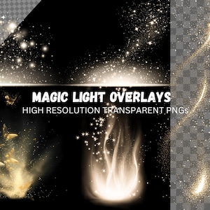 Puede incluir: Un conjunto de imágenes PNG transparentes de alta resolución con superposiciones de luz dorada brillante. Las superposiciones incluyen un orbe brillante, un chorro de luz y una dispersión de estrellas.