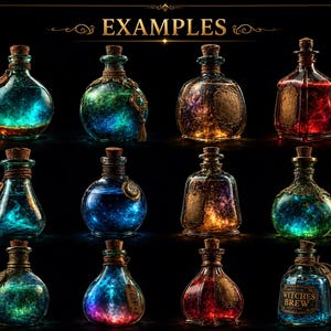 May include: A collection of twelve glass bottles with cork stoppers, each containing glowing, swirling liquids in vibrant colors like blue, green, gold, and red. Some bottles feature ornate metal labels or tags, including one labeled Witches Brew.