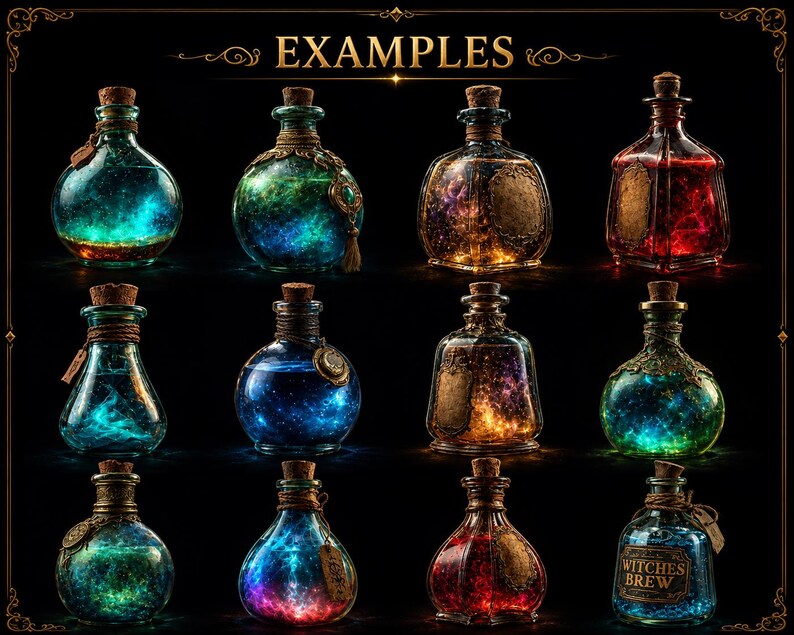 May include: A collection of twelve glass bottles with cork stoppers, each containing glowing, swirling liquids in vibrant colors like blue, green, gold, and red. Some bottles feature ornate metal labels or tags, including one labeled Witches Brew.