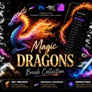 Ultimate Magic Dragon Bundle 100+ PNG Overlays + Photoshop & Procreate Brushes, Glowing Fantasy Dragons, FX Pack (Digital Download)