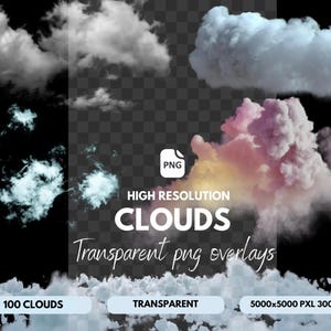 100 sovrapposizioni PNG di nuvole realistiche, effetti fotografici (download digitale)