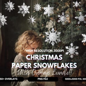 May include: A collection of white paper snowflakes suspended in front of a Christmas tree. The image includes the text "CHRISTMAS PAPER SNOWFLAKES PNGs Overlays Bundle!!" and "HIGH RESOLUTION 300DPI". The image also includes a child.