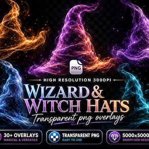 Witch Hat Smoke Clipart PNGs: Halloween Fantasy Overlays (Digital Download)