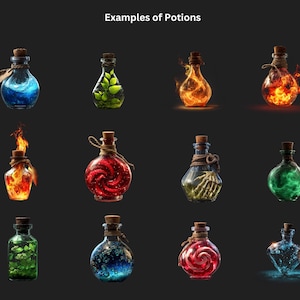 May include: A collection of twelve potion bottles with various magical effects. The bottles are filled with glowing liquids, including blue, green, red, and orange, and some have flames or swirling patterns. Each bottle has a cork stopper.