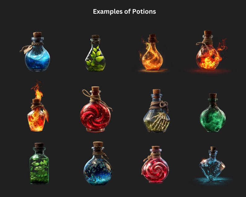 May include: A collection of twelve potion bottles with various magical effects. The bottles are filled with glowing liquids, including blue, green, red, and orange, and some have flames or swirling patterns. Each bottle has a cork stopper.